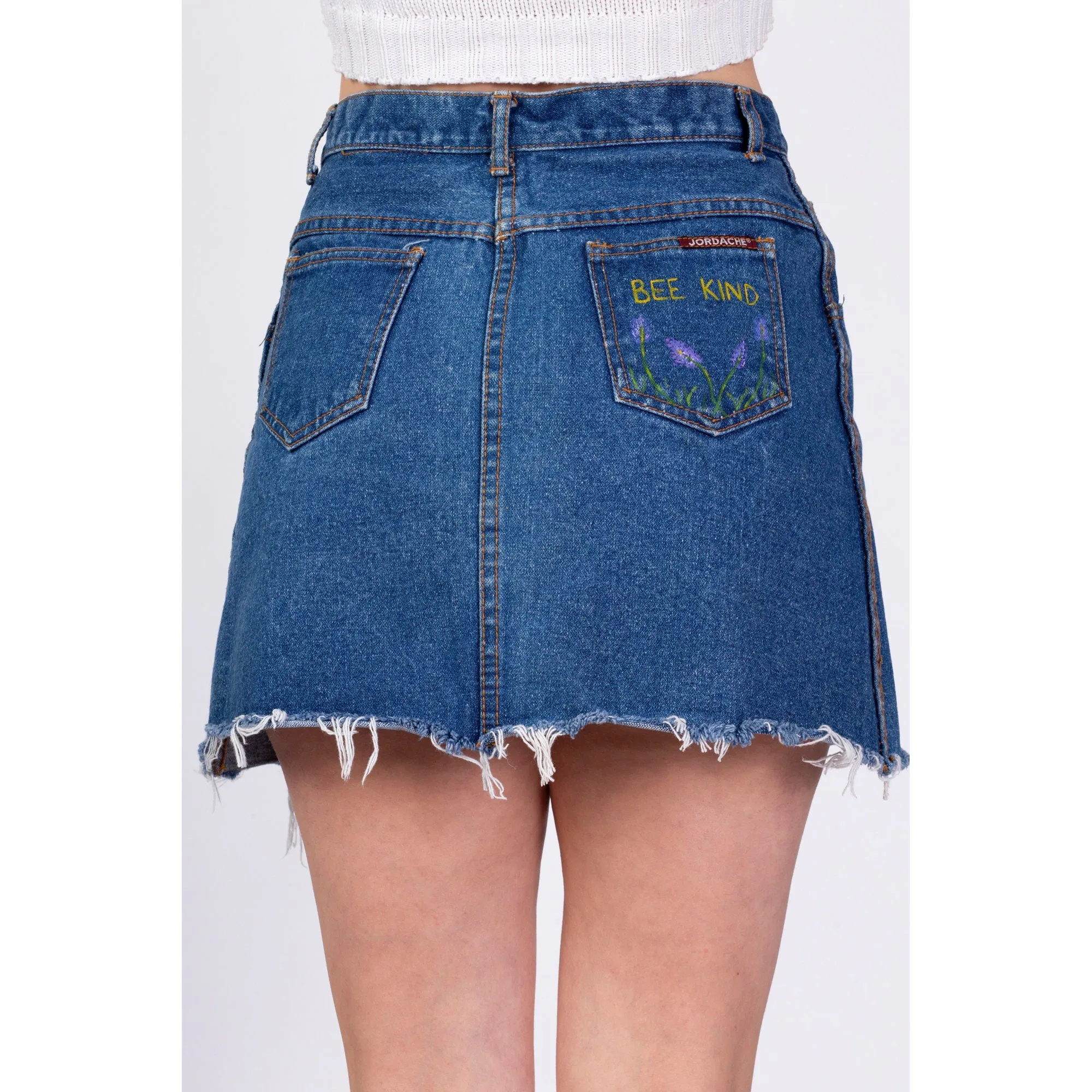 80s Jordache "Bee Kind" Denim Mini Skirt - Medium, 28"