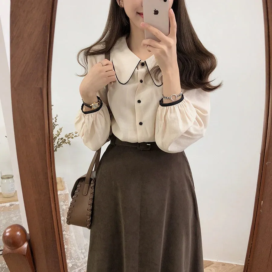 A Line solid Pleated Knee Length Suede Skirt   Vintage Plaid Long Sleeve