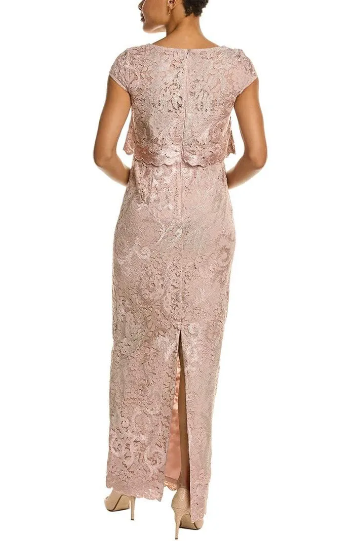 Adrianna Papell Boat Neck Cap Sleeve Popover Zipper Back with Hook & Eye Closure Lace Gown