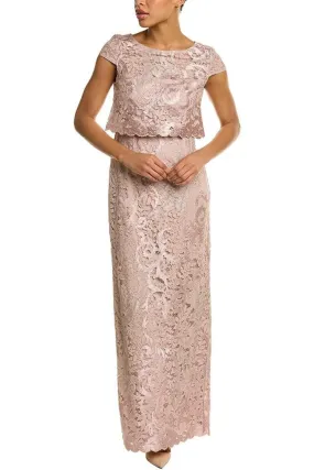 Adrianna Papell Boat Neck Cap Sleeve Popover Zipper Back with Hook & Eye Closure Lace Gown