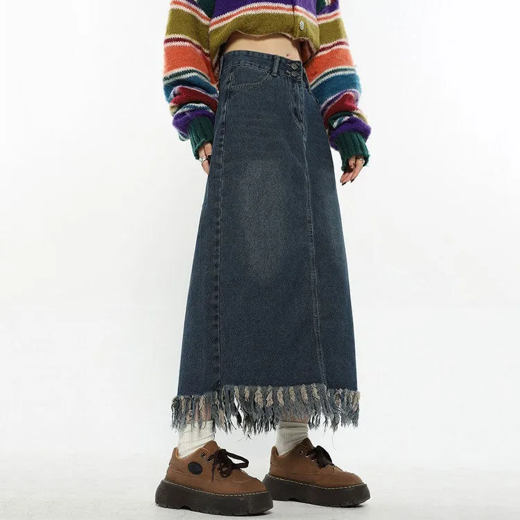 Aesthetic Long Denim Fringe Skirt