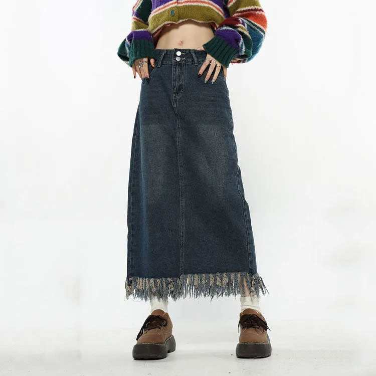 Aesthetic Long Denim Fringe Skirt