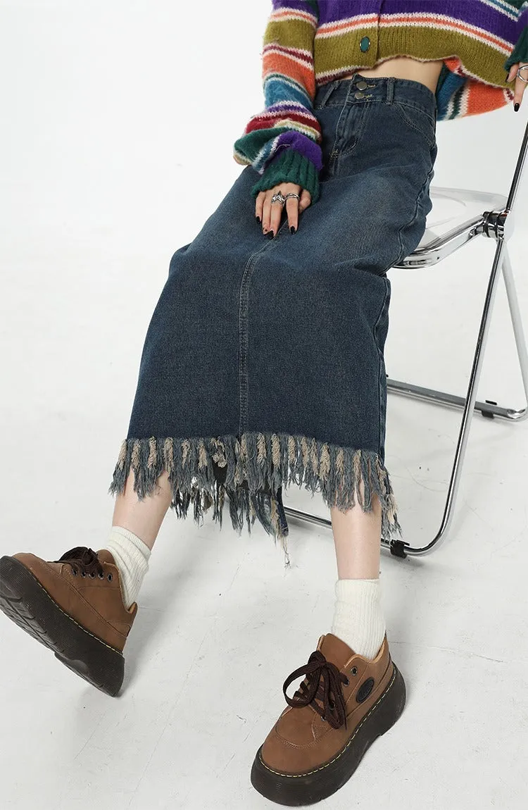 Aesthetic Long Denim Fringe Skirt