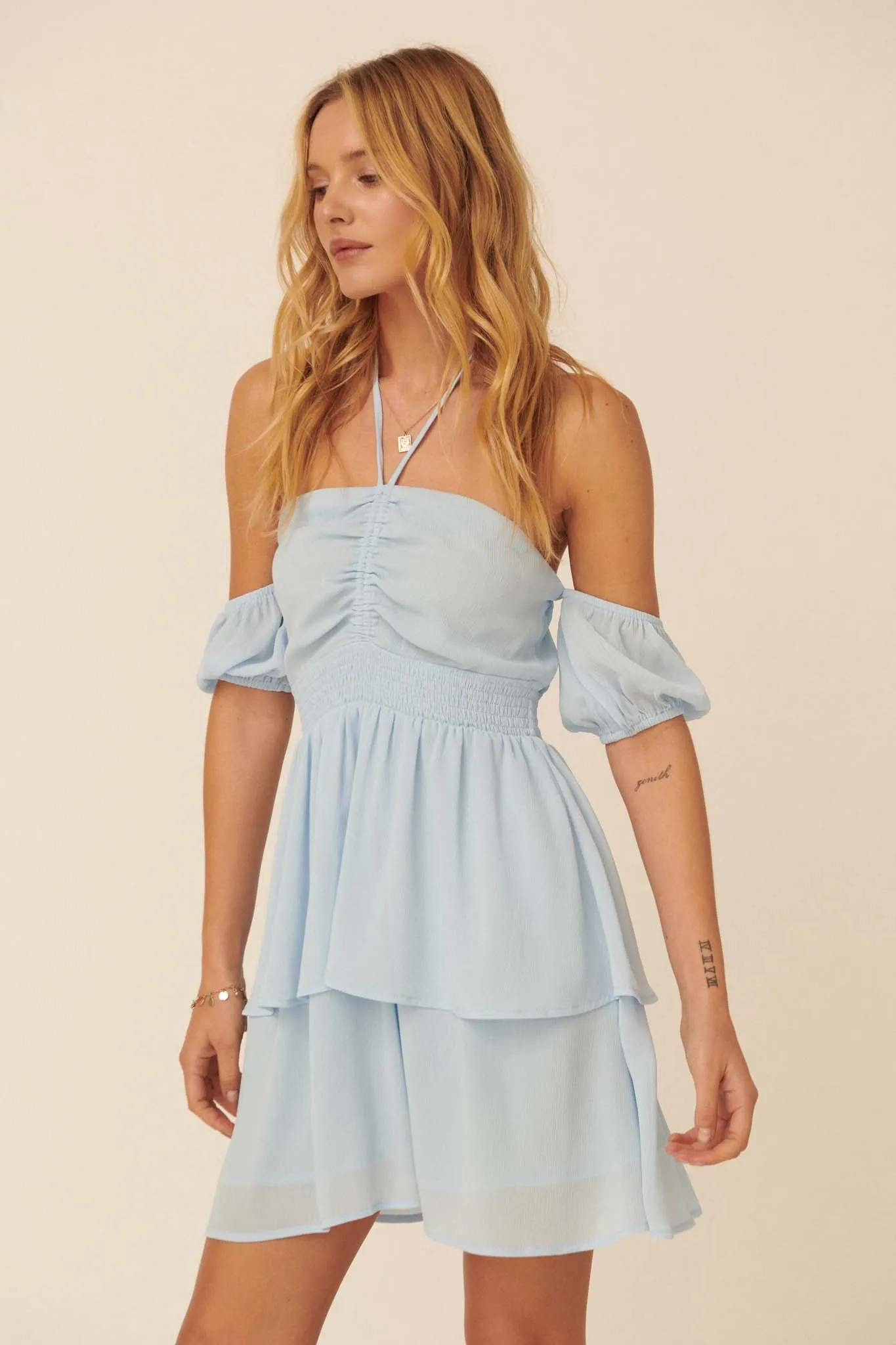 Always Forever Tiered Halter Mini Dress