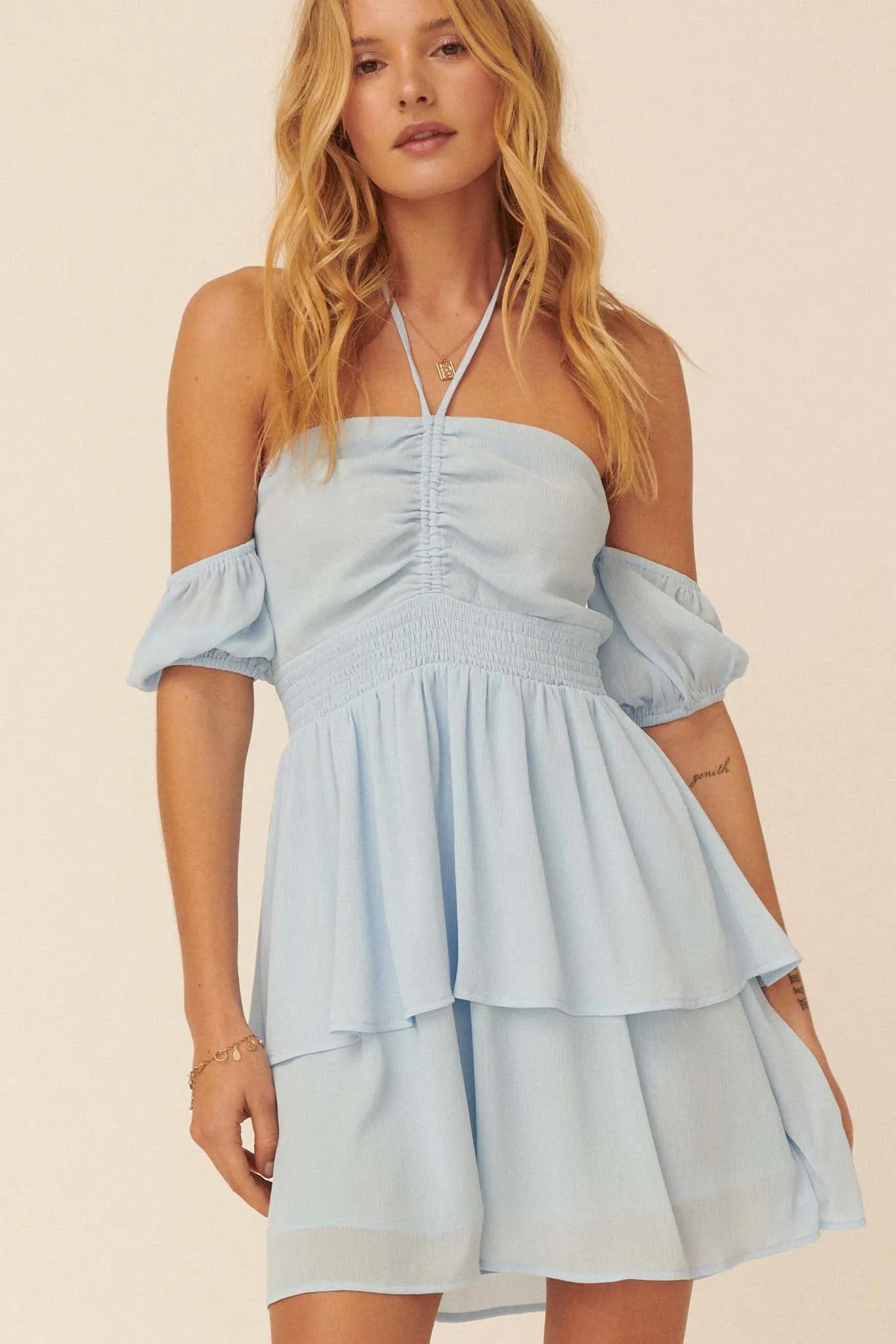 Always Forever Tiered Halter Mini Dress