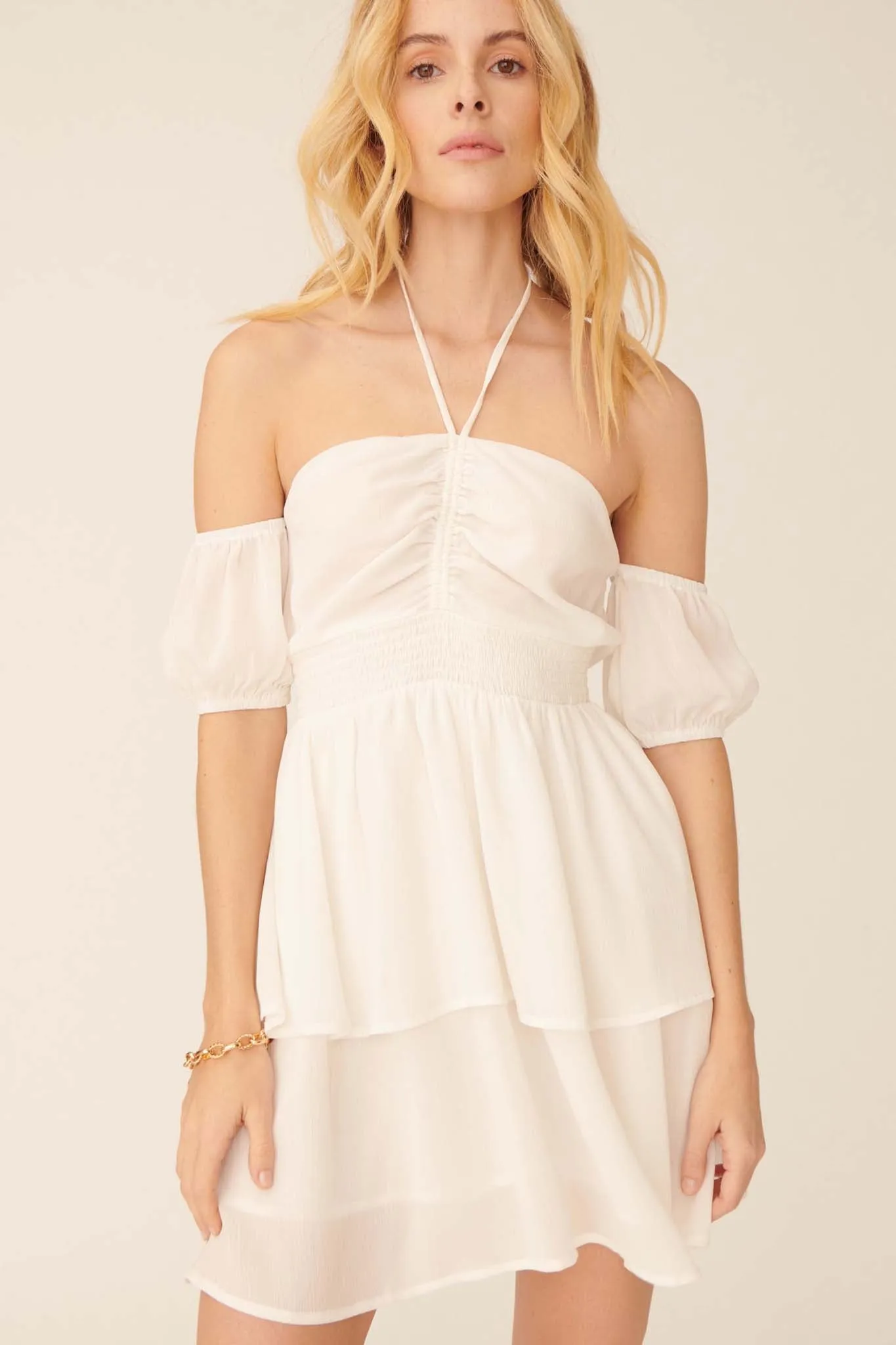 Always Forever Tiered Halter Mini Dress