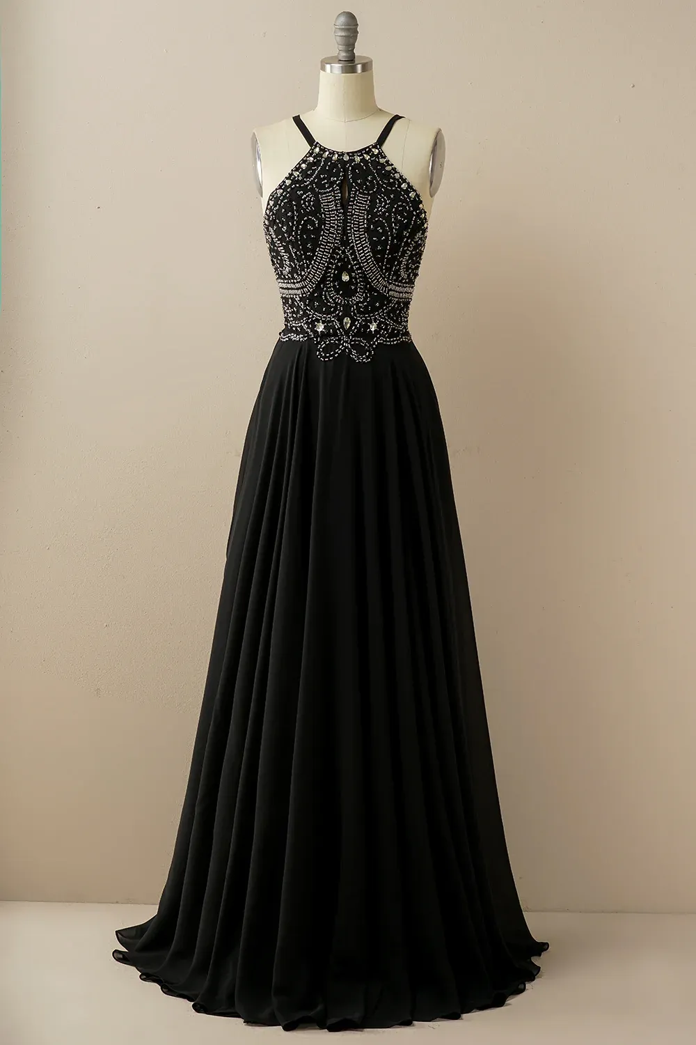 Black A-Line Halter Beaded Backless Long Prom Dress,DP1536