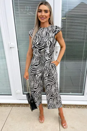 Black And White Zebra Print Frill Front Tie Waist Jumpsuit