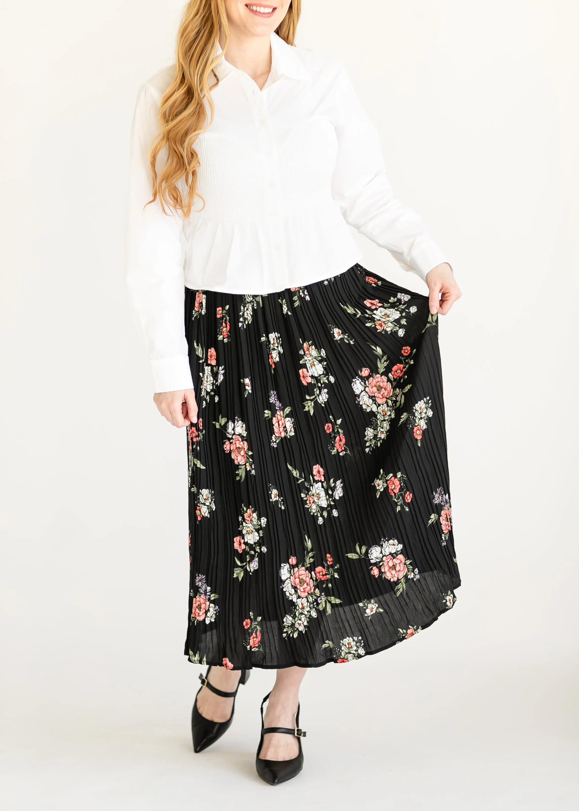 Black Floral Pleated Midi Skirt - FINAL SALE