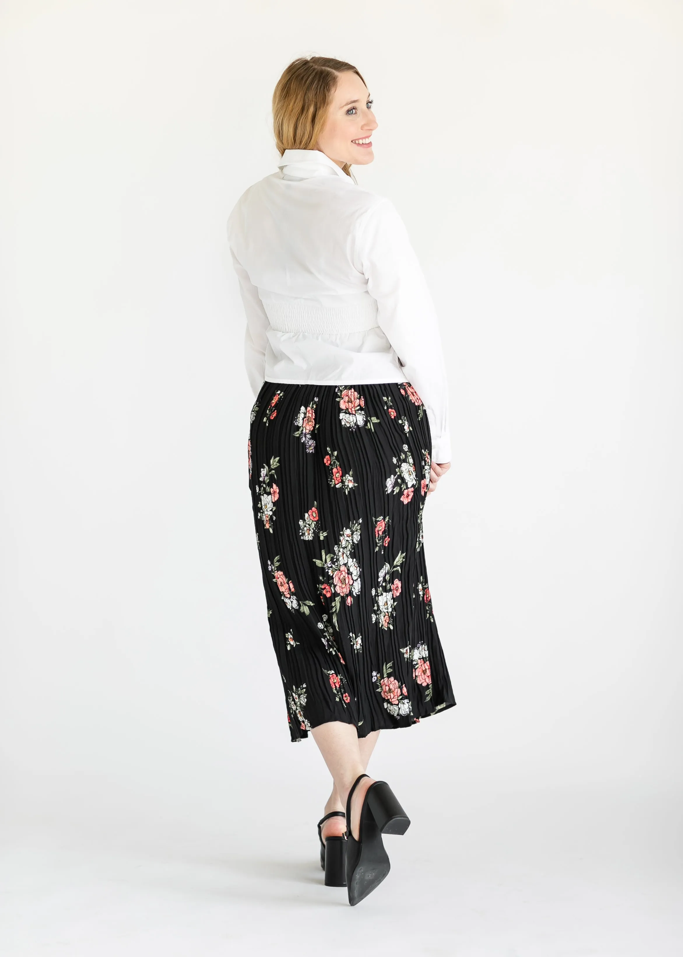 Black Floral Pleated Midi Skirt - FINAL SALE