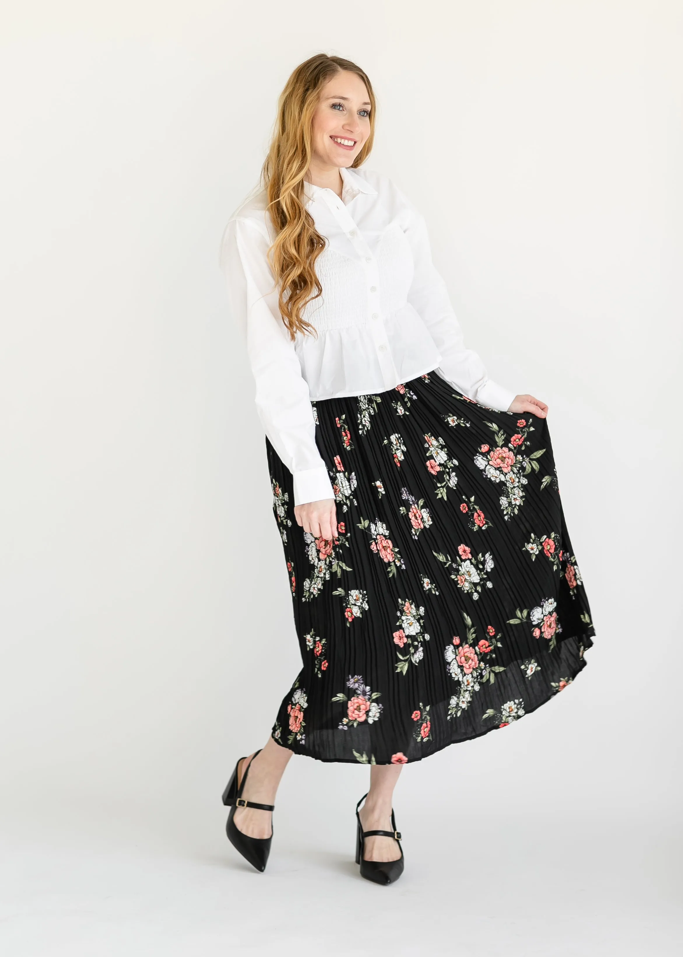 Black Floral Pleated Midi Skirt - FINAL SALE