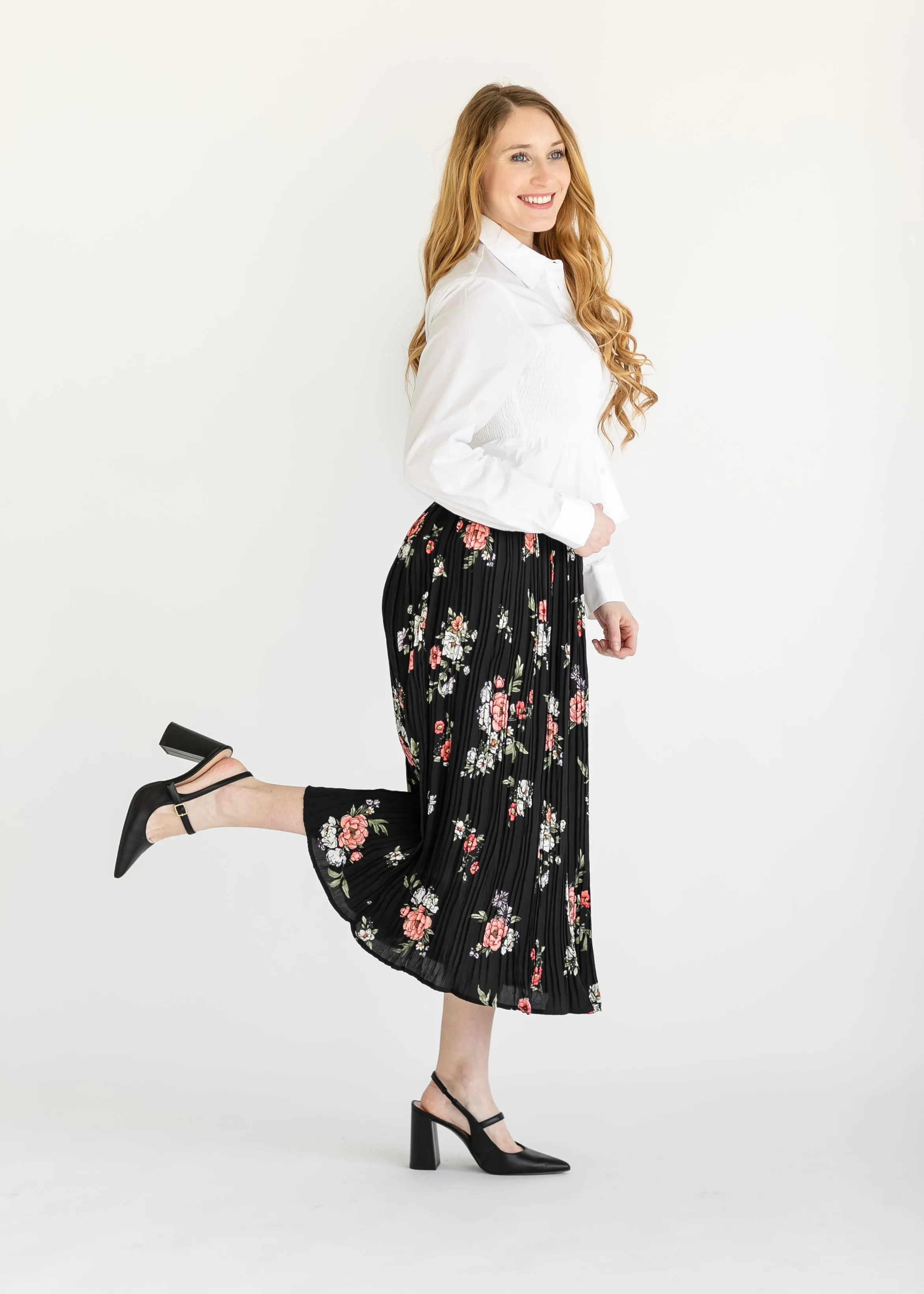 Black Floral Pleated Midi Skirt - FINAL SALE