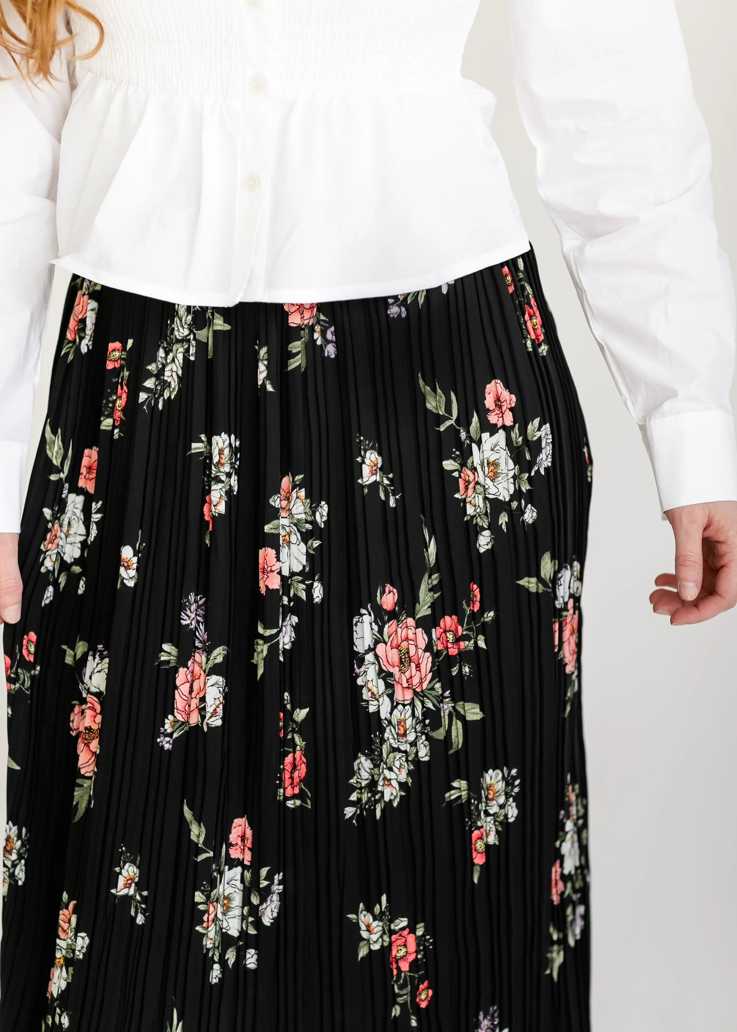 Black Floral Pleated Midi Skirt - FINAL SALE