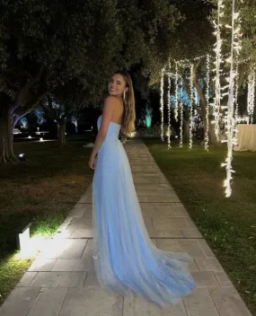 Blue Strapless Sheath Tulle Long Party Dress Maxi Dress, DP3580