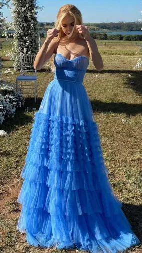 Blue Tulle Tiered A-Line Strapless Formal Elegant Evening Party Dress Prom Gown,DP594