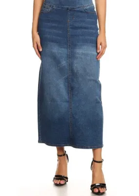 Elastic Waist Indigo Long Denim Skirt