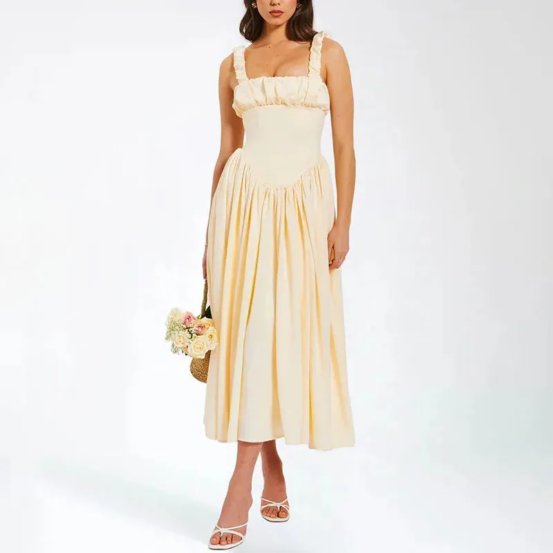 Elegant Maxi Ruched Satin Splice Maxi Women Sexy Suspender Dress Dress