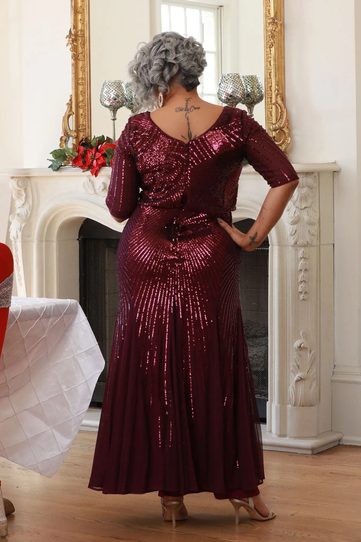 Elegant Sequin  Elbow Sleeve Evening Gown- Mother of the Bride dress