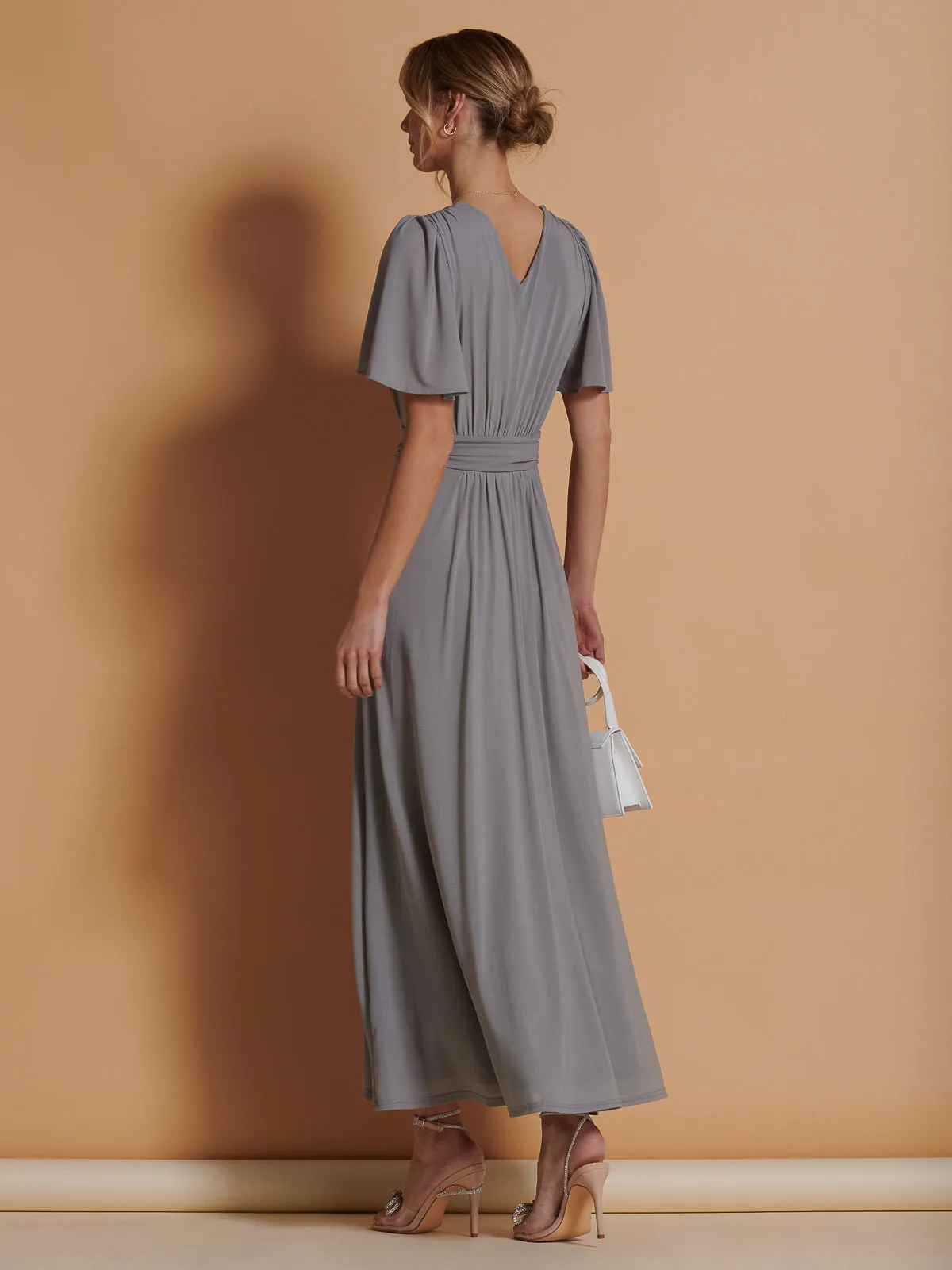 Flute Sleeve Mesh Maxi Dress, Grey