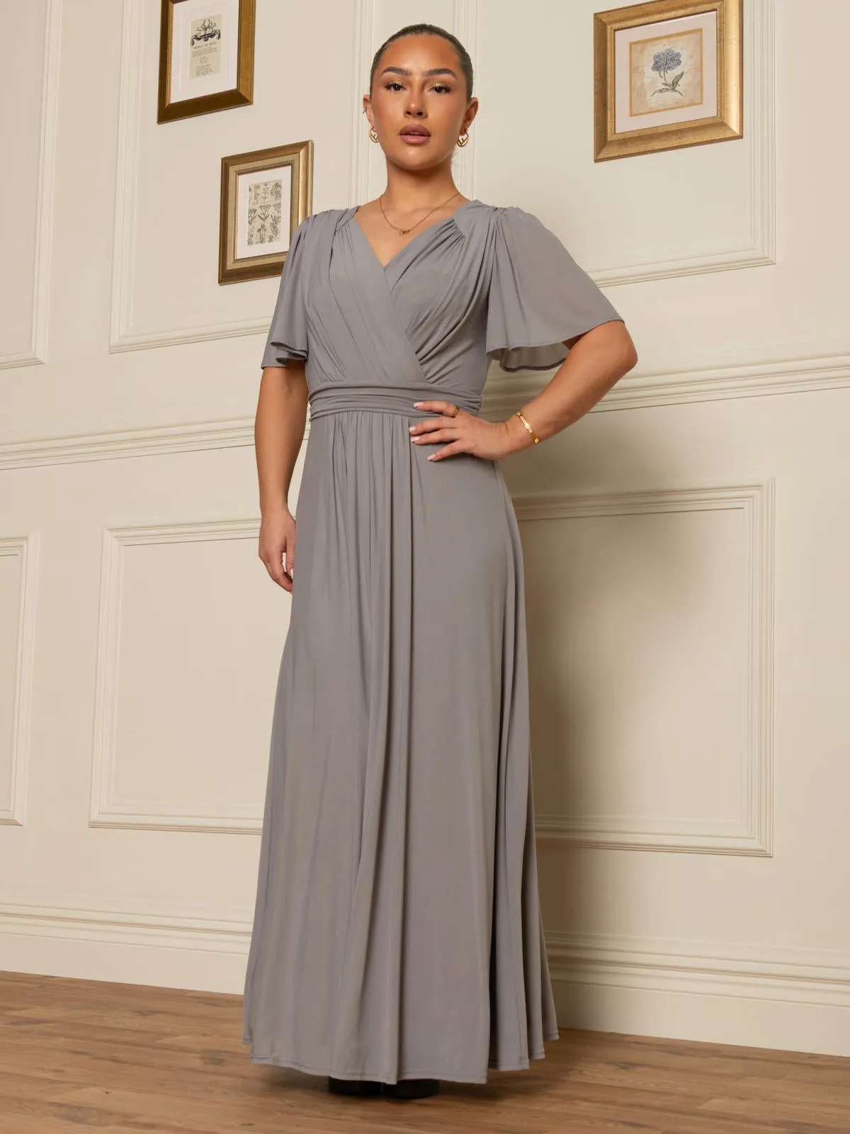 Flute Sleeve Mesh Maxi Dress, Grey