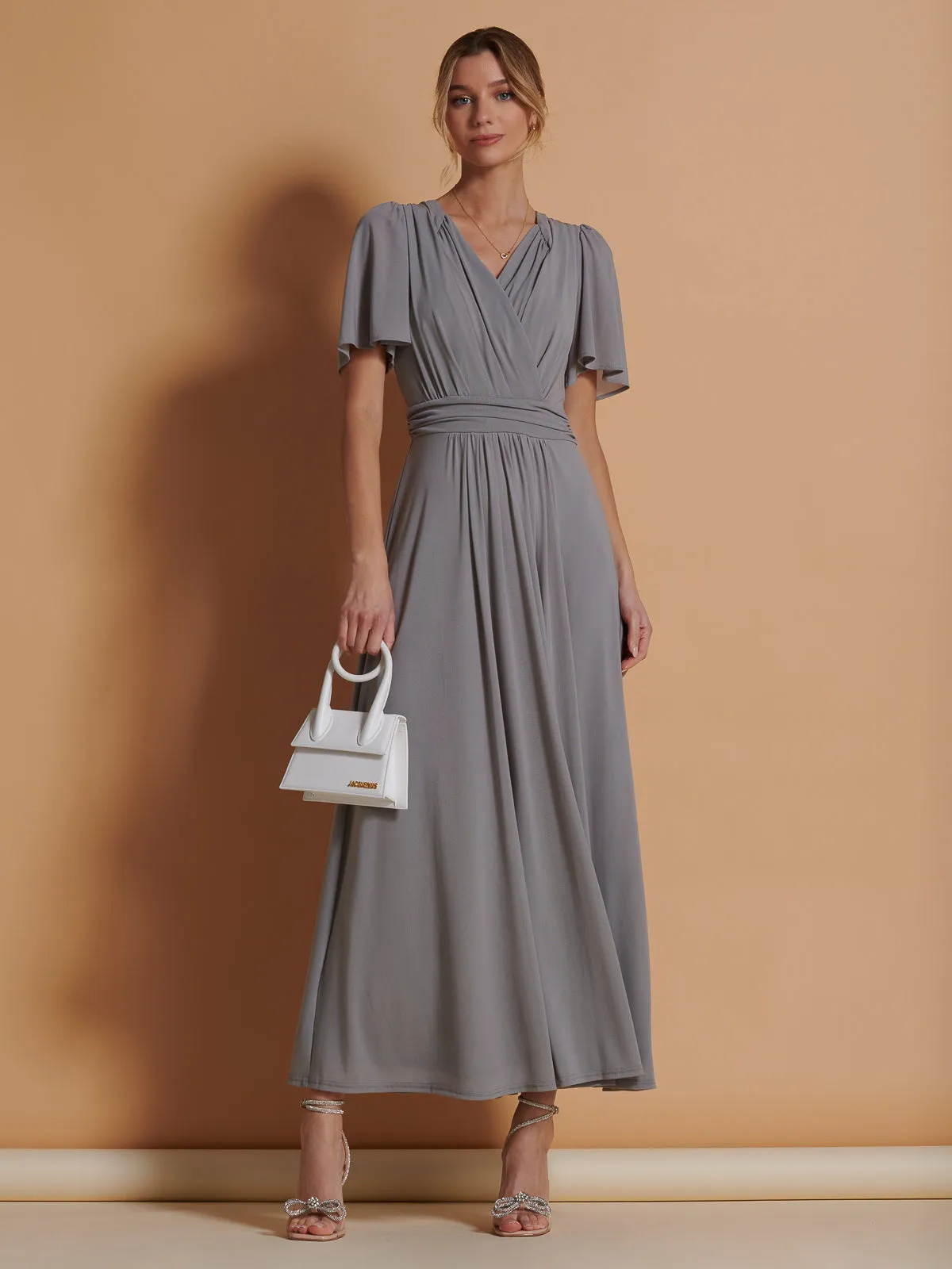 Flute Sleeve Mesh Maxi Dress, Grey