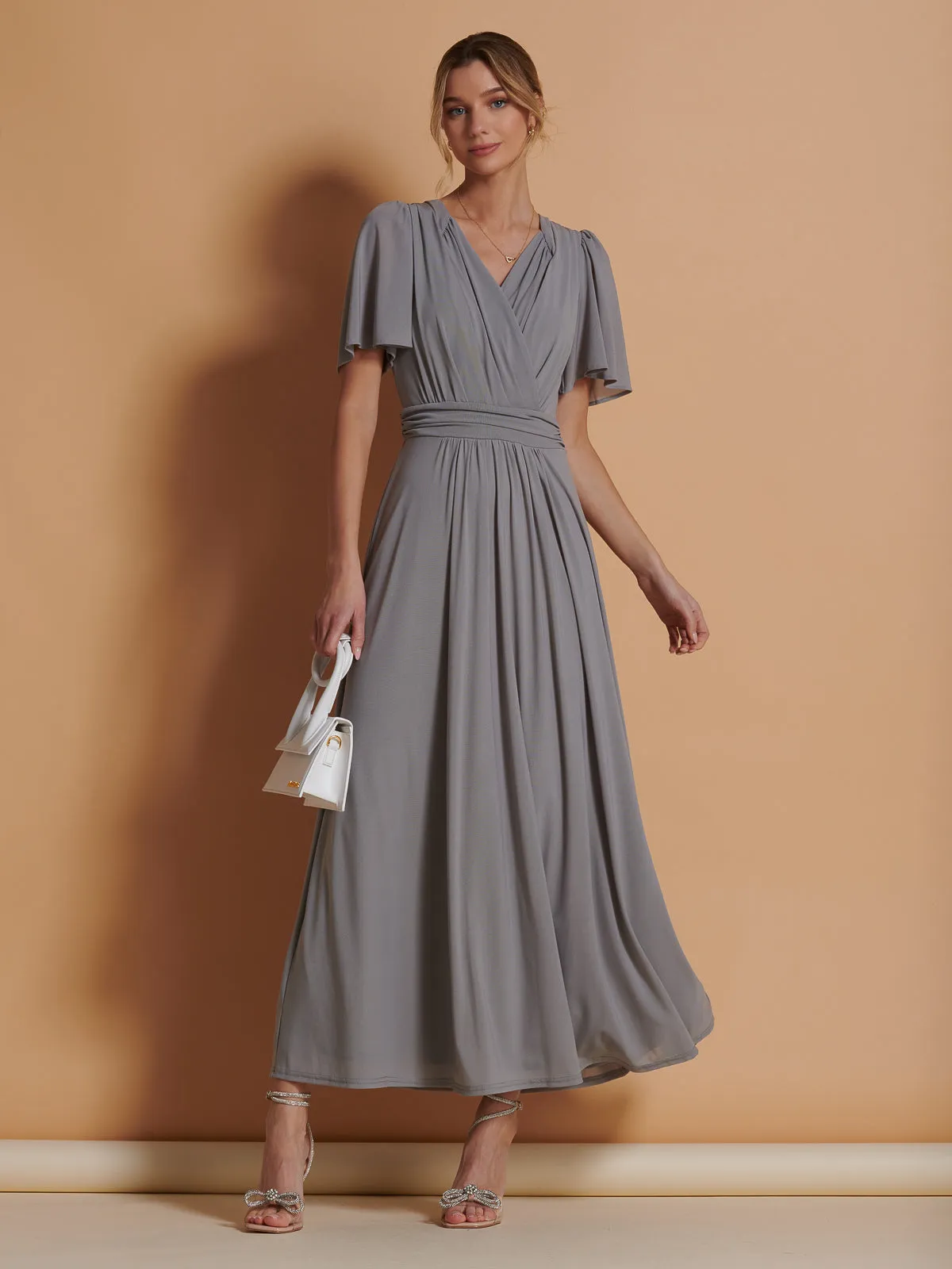 Flute Sleeve Mesh Maxi Dress, Grey