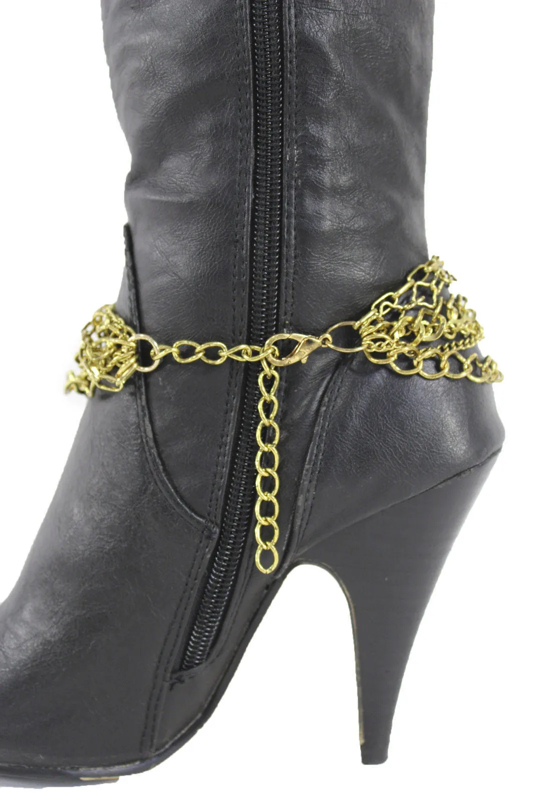 Gold Metal Boot Chains Bracelet Strap Multi Chunky Strands Shoe Charm