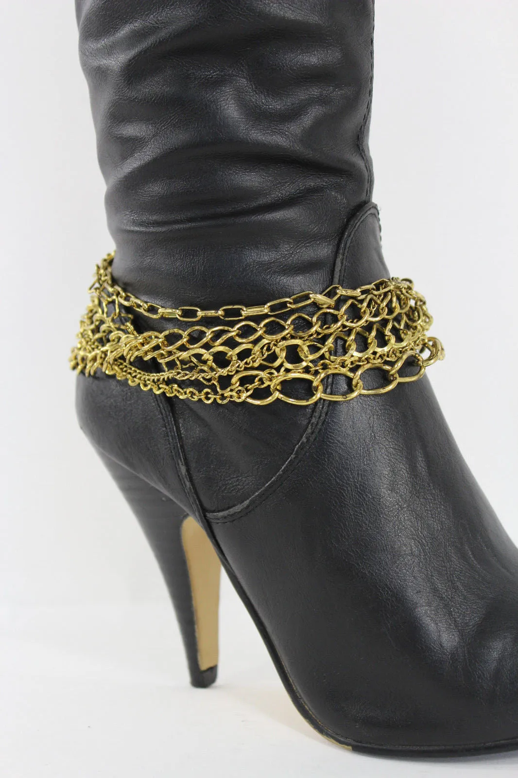 Gold Metal Boot Chains Bracelet Strap Multi Chunky Strands Shoe Charm