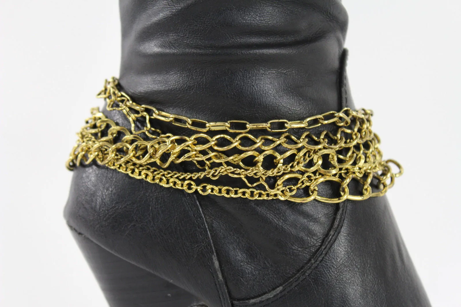 Gold Metal Boot Chains Bracelet Strap Multi Chunky Strands Shoe Charm