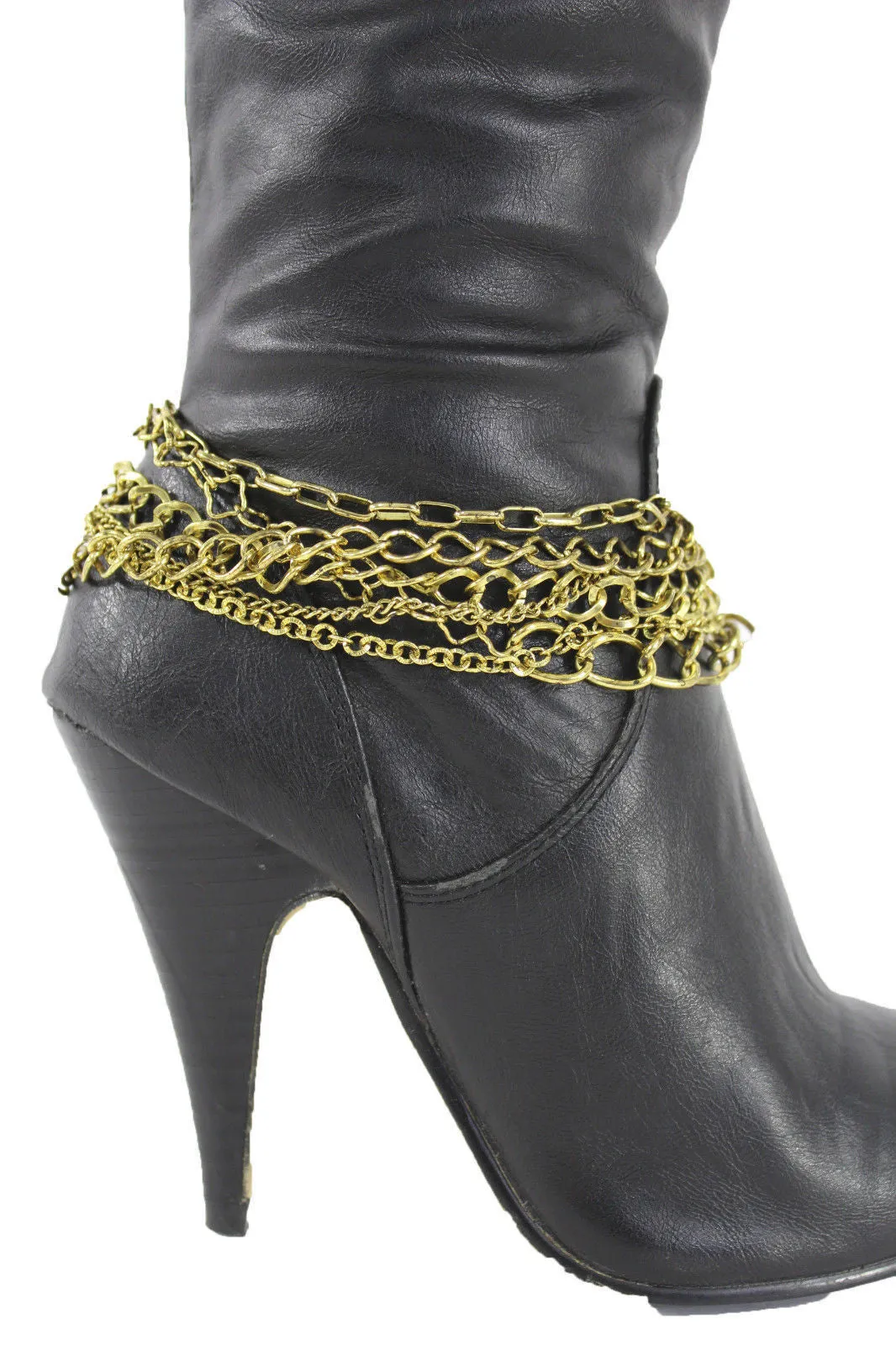 Gold Metal Boot Chains Bracelet Strap Multi Chunky Strands Shoe Charm