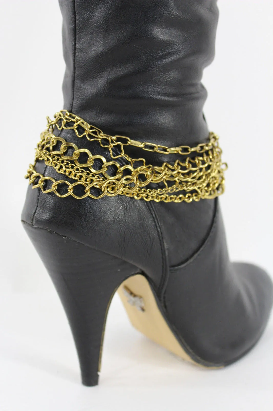 Gold Metal Boot Chains Bracelet Strap Multi Chunky Strands Shoe Charm