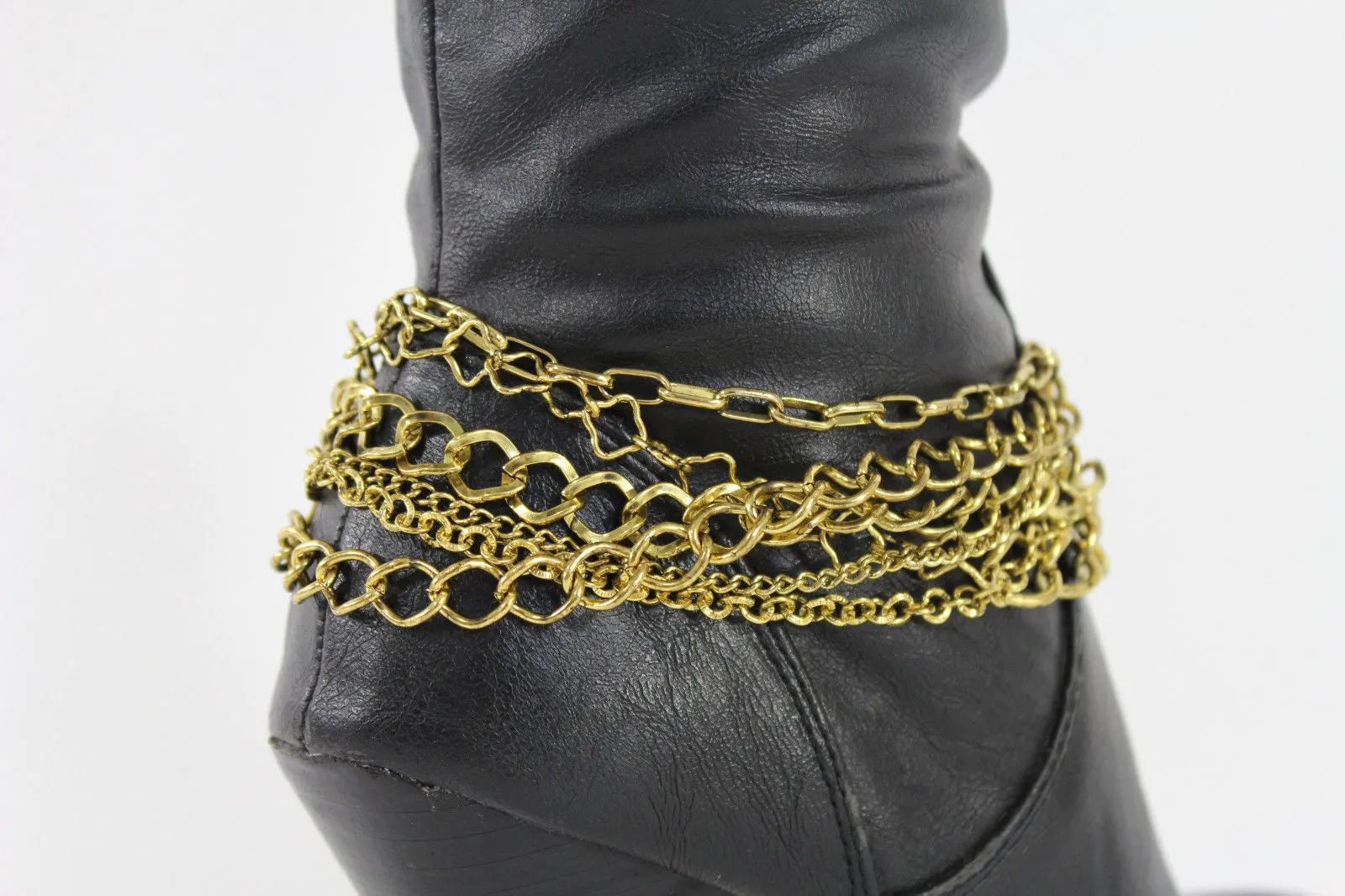 Gold Metal Boot Chains Bracelet Strap Multi Chunky Strands Shoe Charm