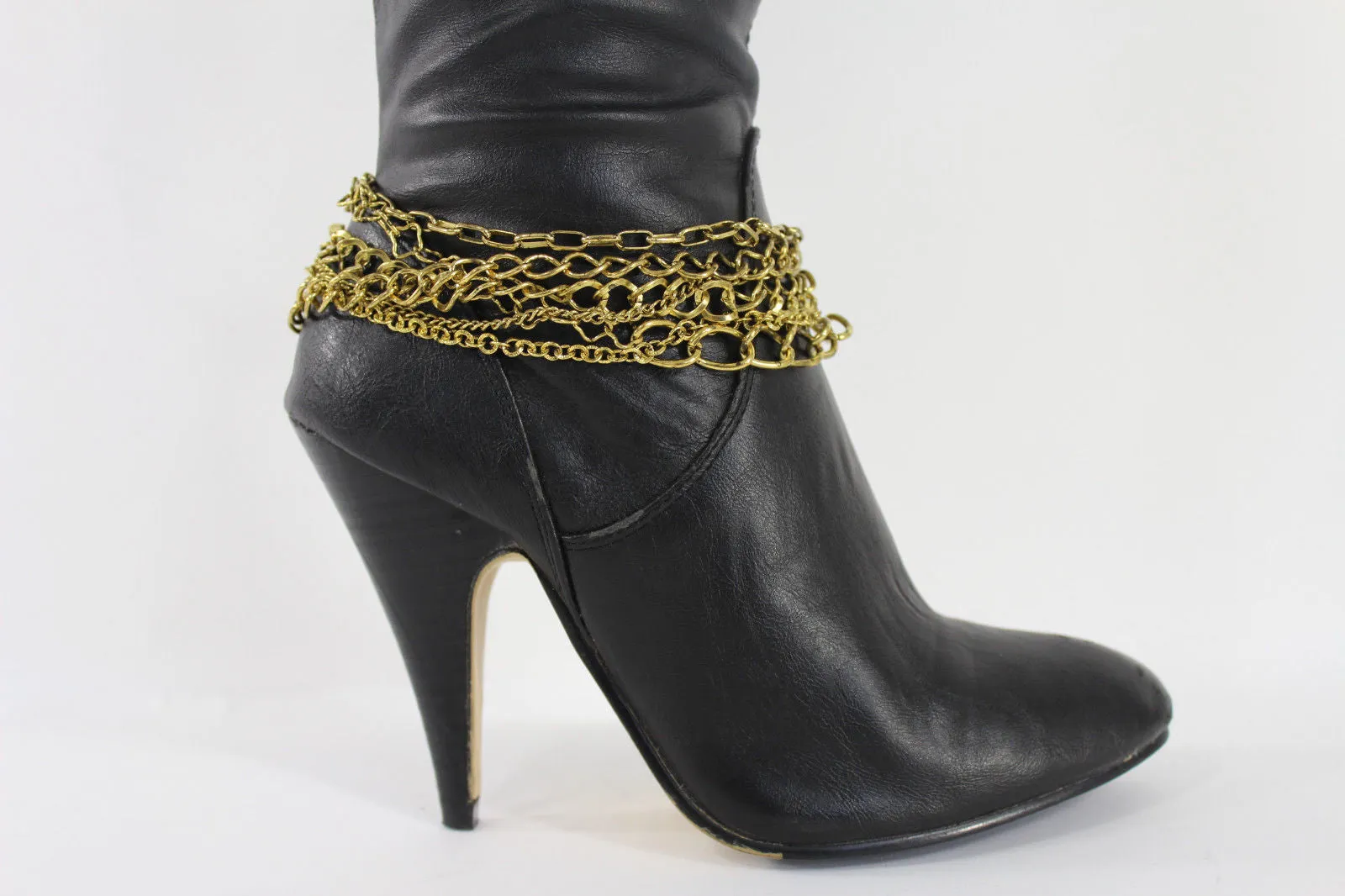 Gold Metal Boot Chains Bracelet Strap Multi Chunky Strands Shoe Charm