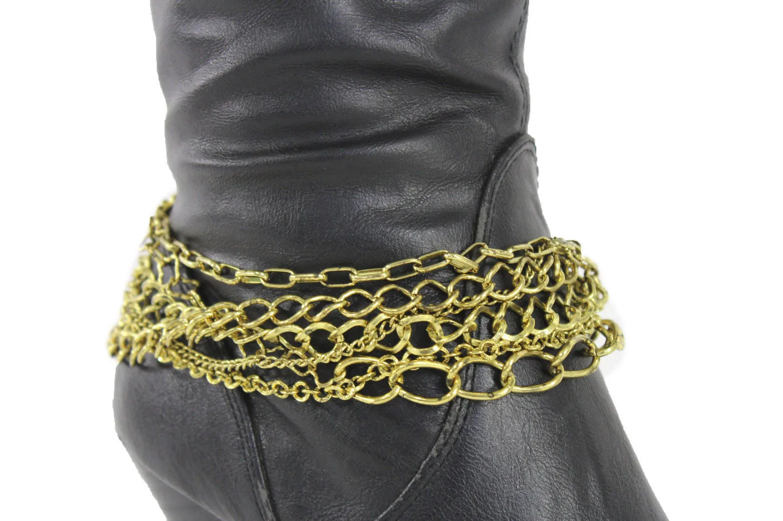 Gold Metal Boot Chains Bracelet Strap Multi Chunky Strands Shoe Charm