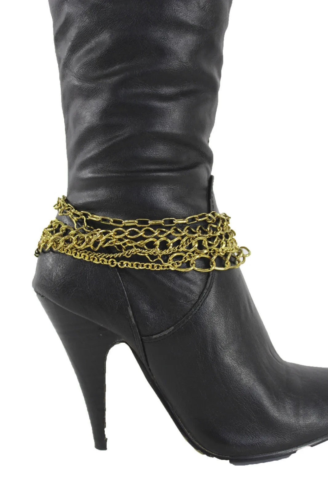 Gold Metal Boot Chains Bracelet Strap Multi Chunky Strands Shoe Charm