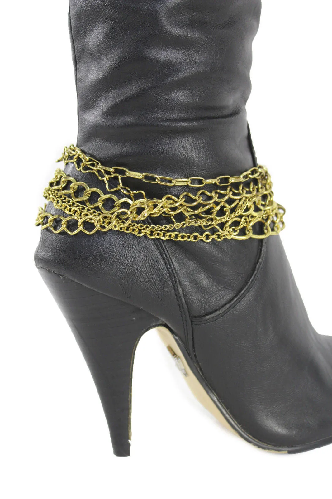 Gold Metal Boot Chains Bracelet Strap Multi Chunky Strands Shoe Charm