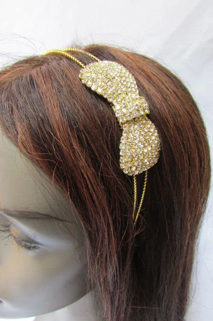 Gold Metal Headband Hair Big Bow Rhinestones Wedding