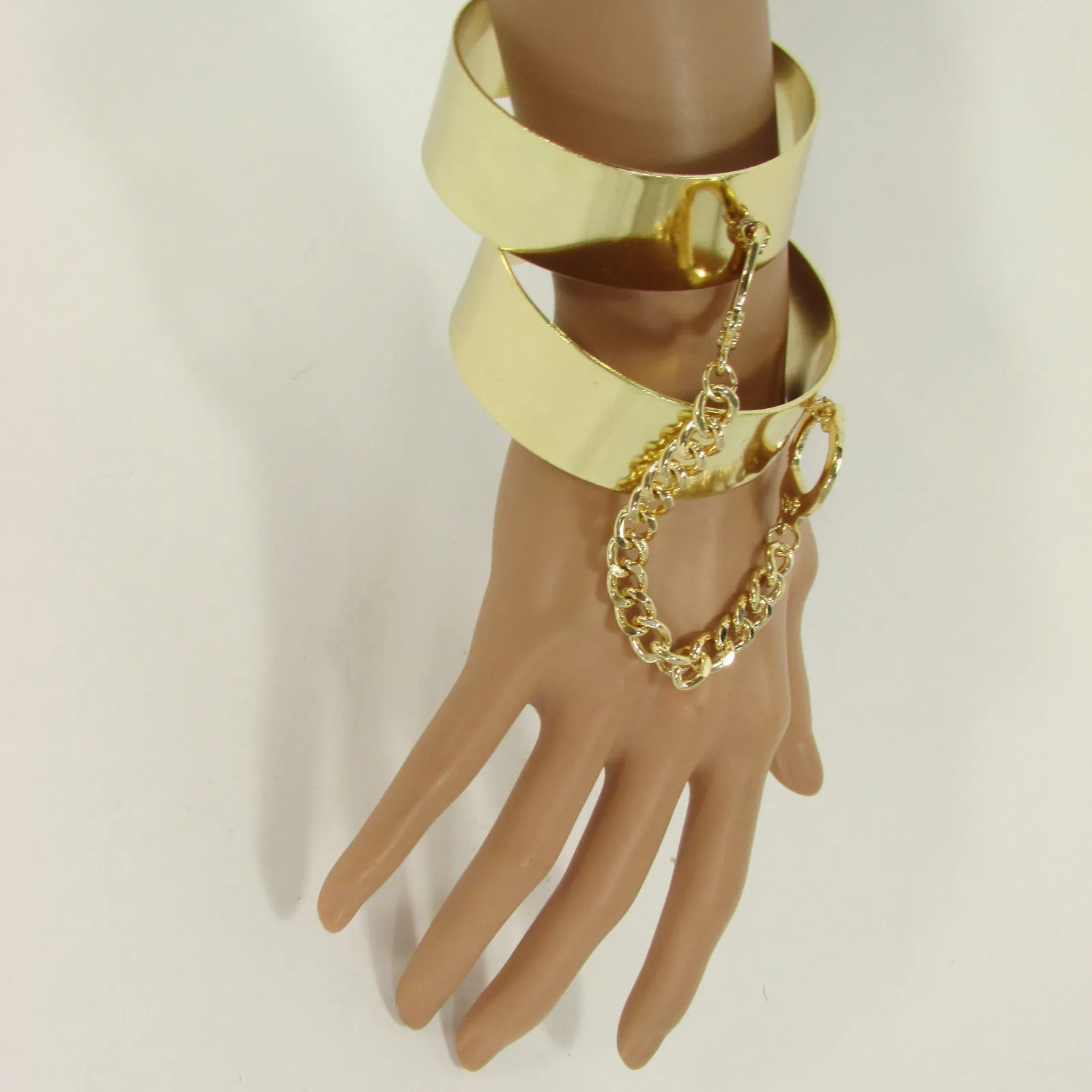 Gold Metal Plate Handcuffs Chain 2 Connected Bracelets Bangles