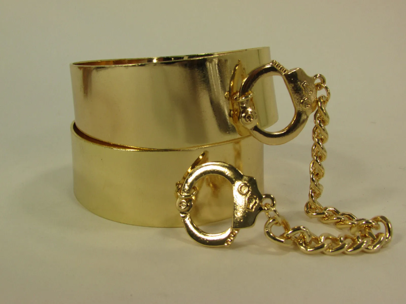 Gold Metal Plate Handcuffs Chain 2 Connected Bracelets Bangles