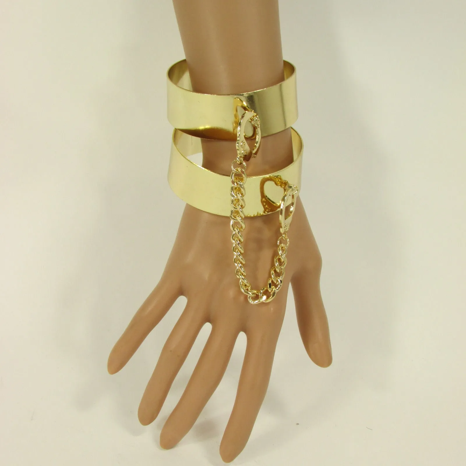 Gold Metal Plate Handcuffs Chain 2 Connected Bracelets Bangles