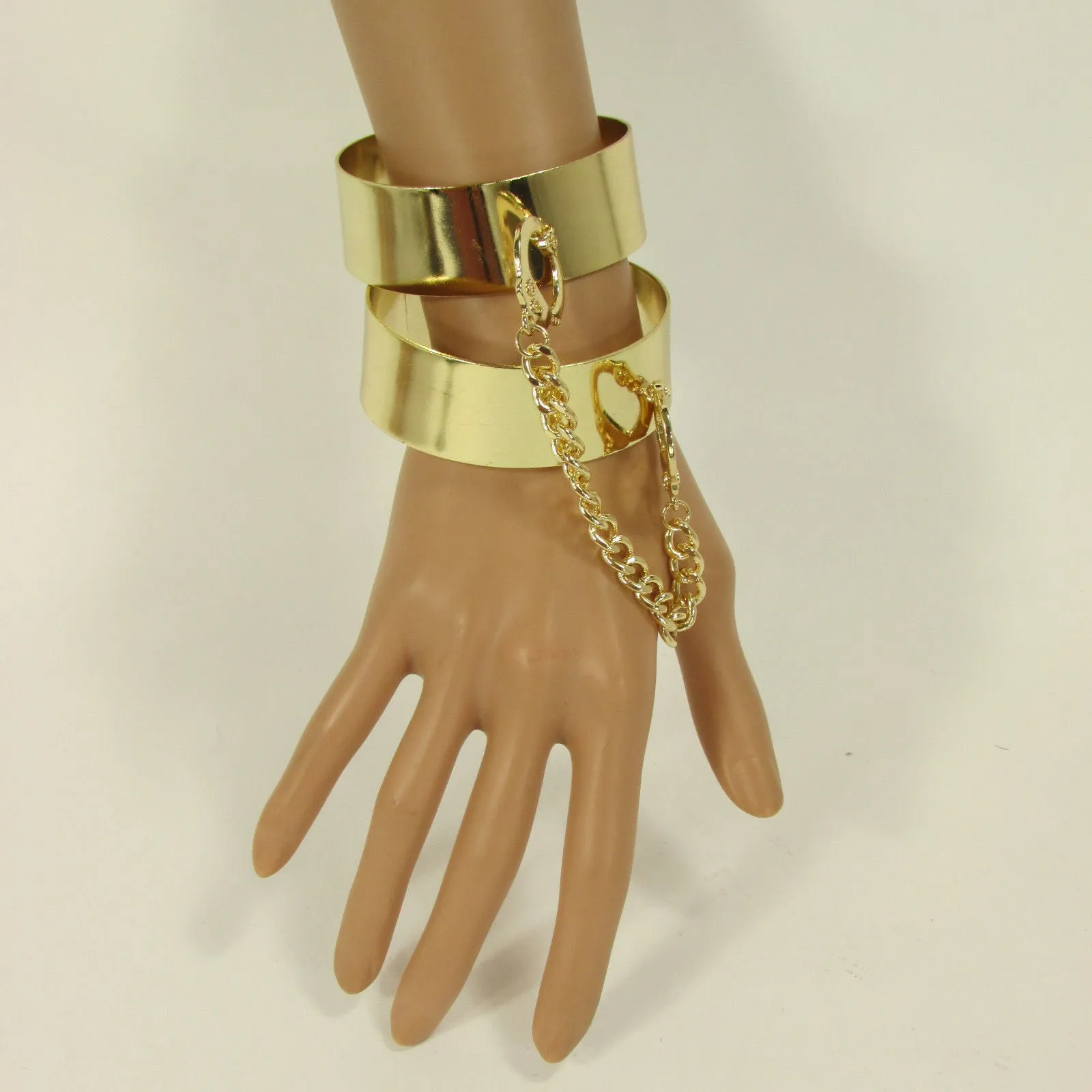 Gold Metal Plate Handcuffs Chain 2 Connected Bracelets Bangles