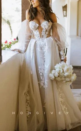 H1186 - Sexy Tulle A-Line Off-Shoulder Long Sleeve Empire Appliques Boho Wedding Dress