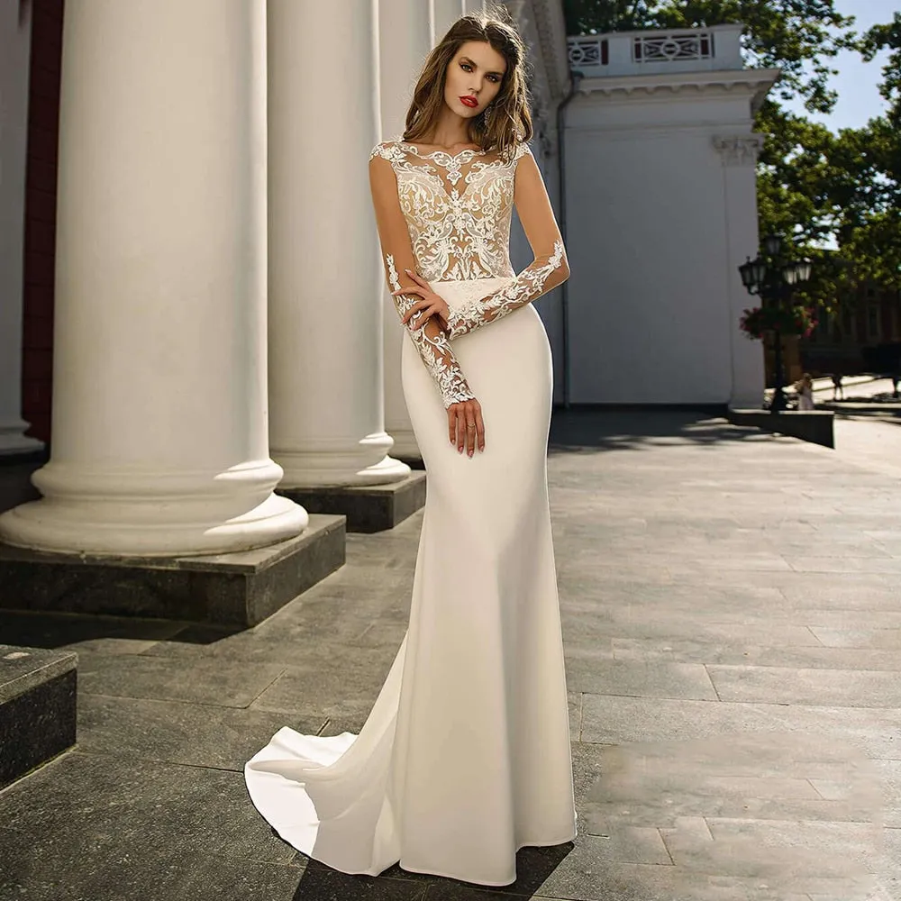 High Neck Satin Long Sleeve Lace Mermaid Trumpet Wedding Bridal Gown