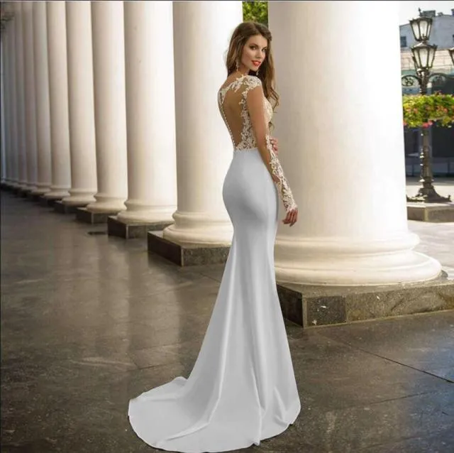 High Neck Satin Long Sleeve Lace Mermaid Trumpet Wedding Bridal Gown