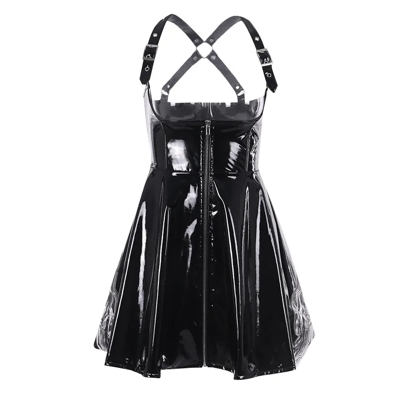 Leather Black Skirt High Waist Suspender Mini Skirt Women A Line Skirt