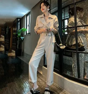 Light Khaki Belted Long Sleeve Jumpsuit