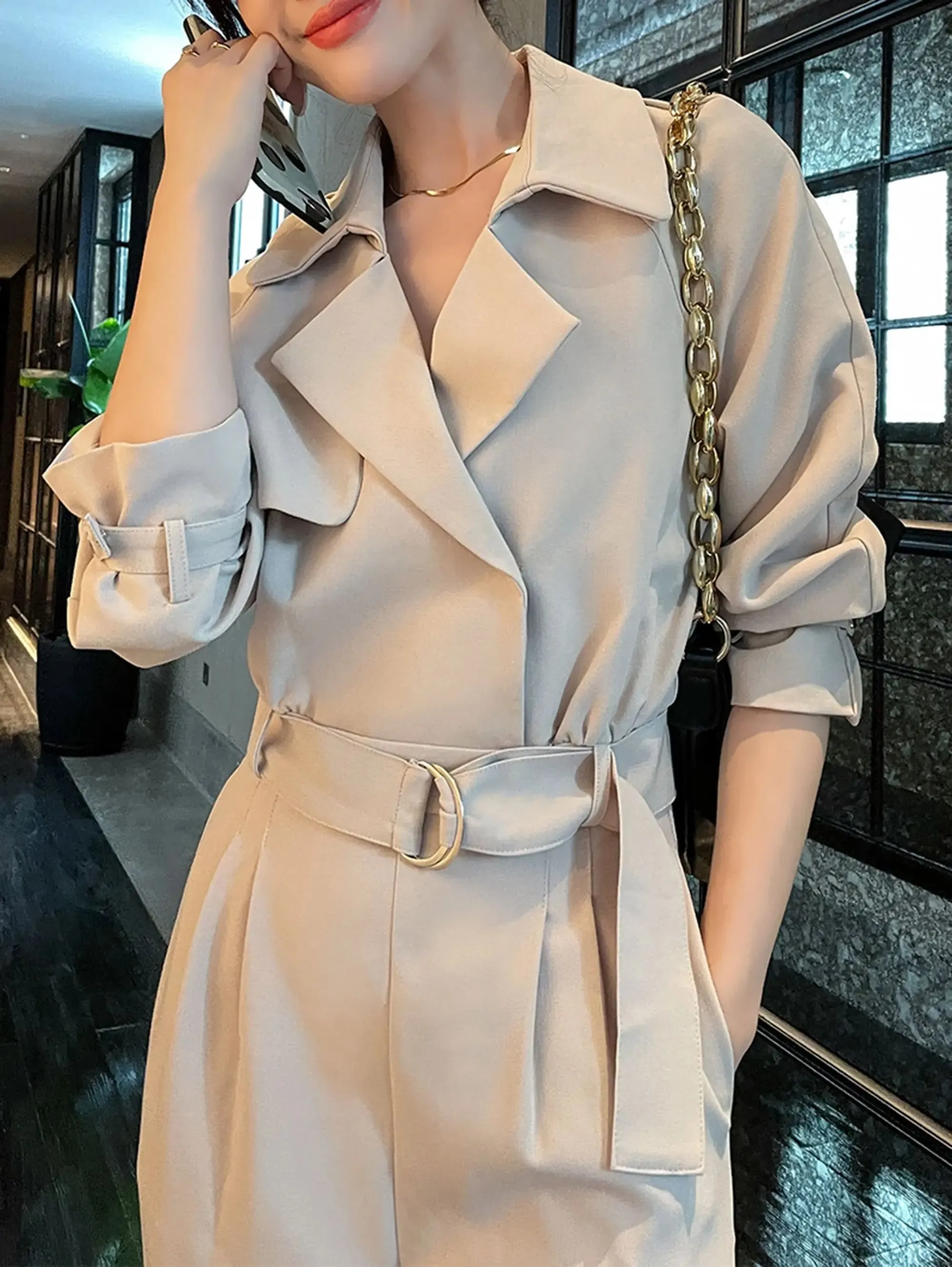 Light Khaki Belted Long Sleeve Jumpsuit