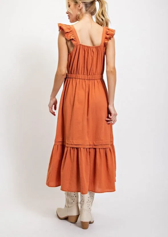 Linen Ruffle V-neck Faux Tie Midi Dress