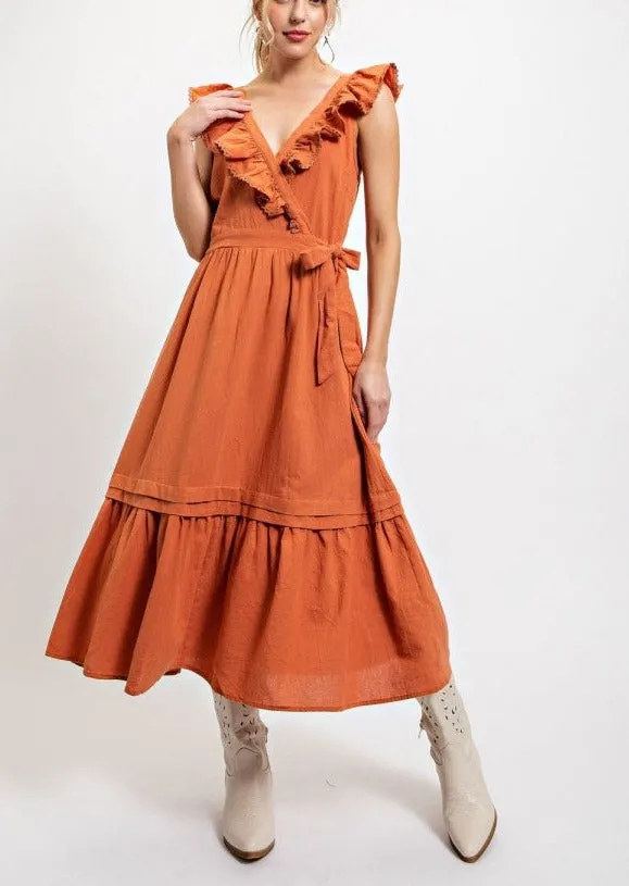 Linen Ruffle V-neck Faux Tie Midi Dress