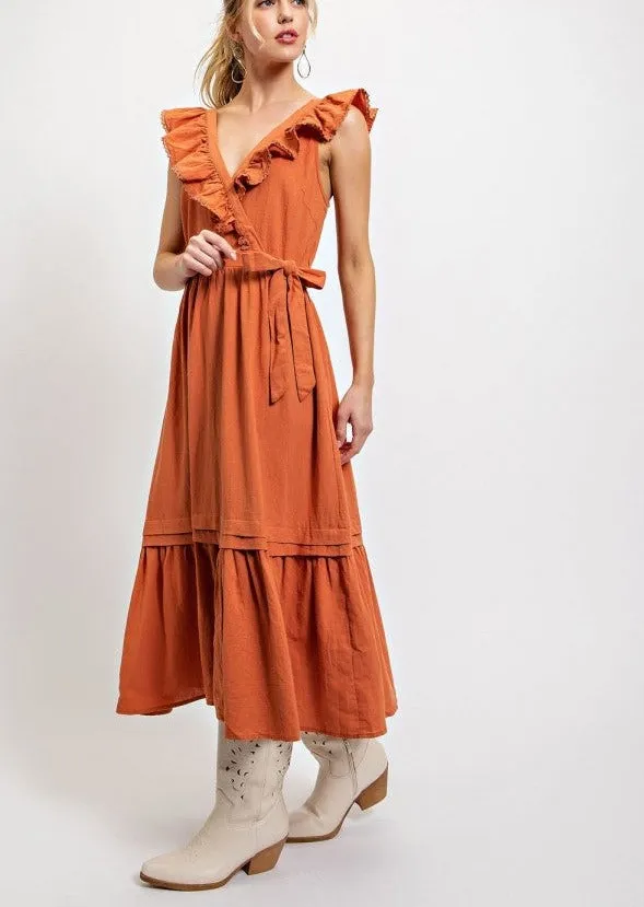 Linen Ruffle V-neck Faux Tie Midi Dress